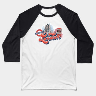 London Design with Landmarks | Artist Designed Illustration Featuring London Landmarks | Retro London Design with Tower Bridge, London Bus and Underground Sign Baseball T-Shirt